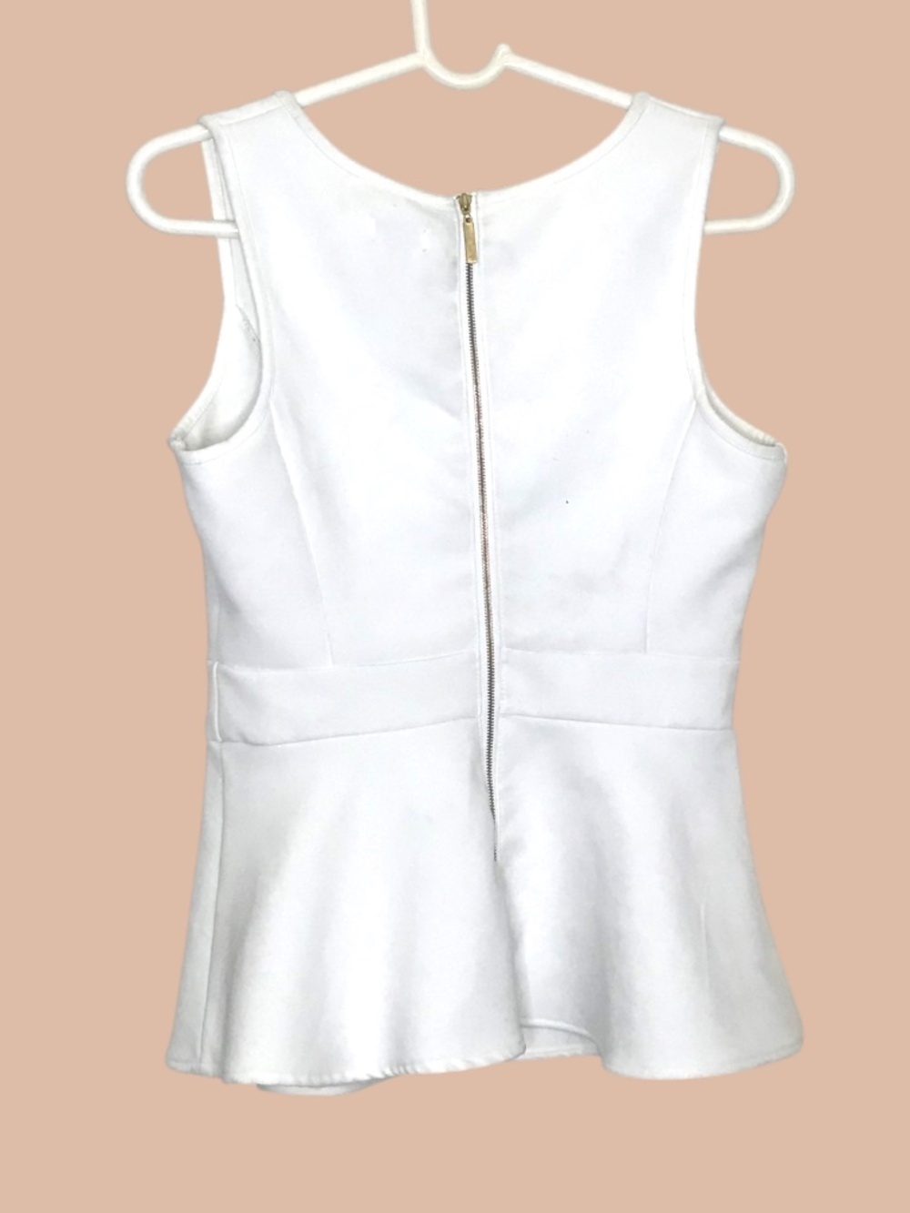 White Peplum Sleeveless Top – Scuba Fabric, Back Zip, Size M - Picture 3 of 9